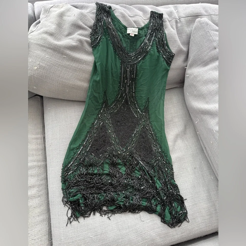 Unique Vintage Green and Black Mini Dress - Picture 1 of 5